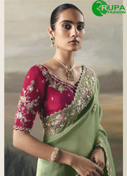 Sea Green Color Tissue Embroidered Resham and Thread Work Classical Saree